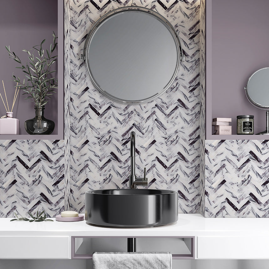 Lilac Herringbone Marble Mosaic Tiles 25x75x10mm